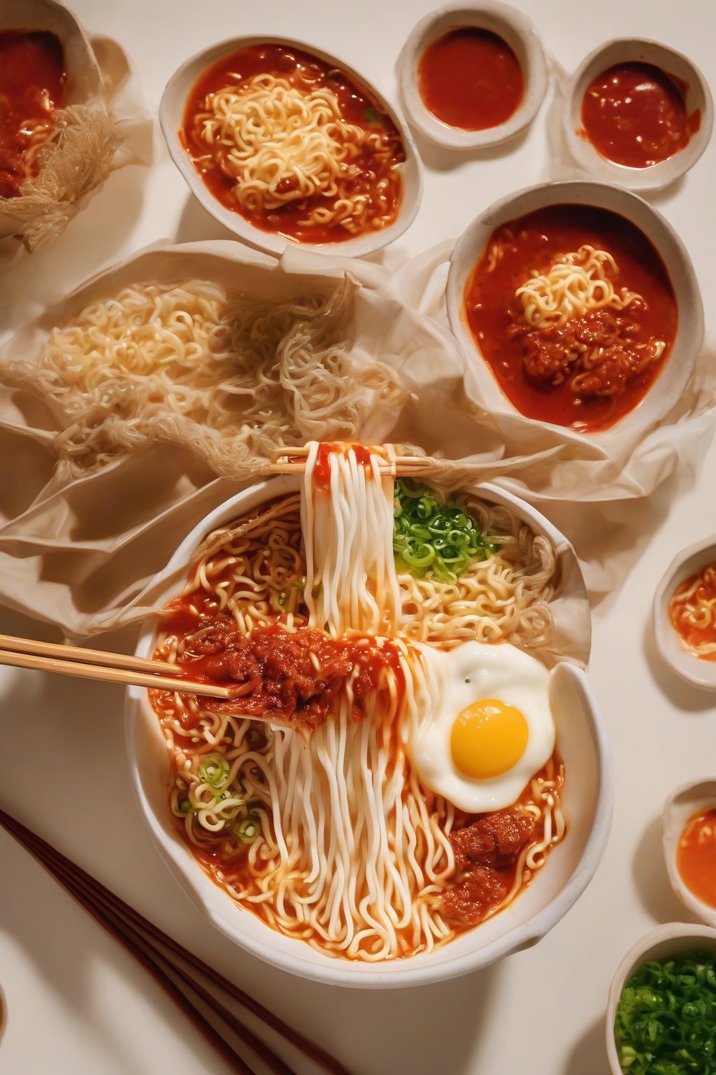 A high-resolution photo of cheesy Buldak ramen with stretchy mozzarella strings, red sauce bubbling, in a white bowl, under soft lighting.