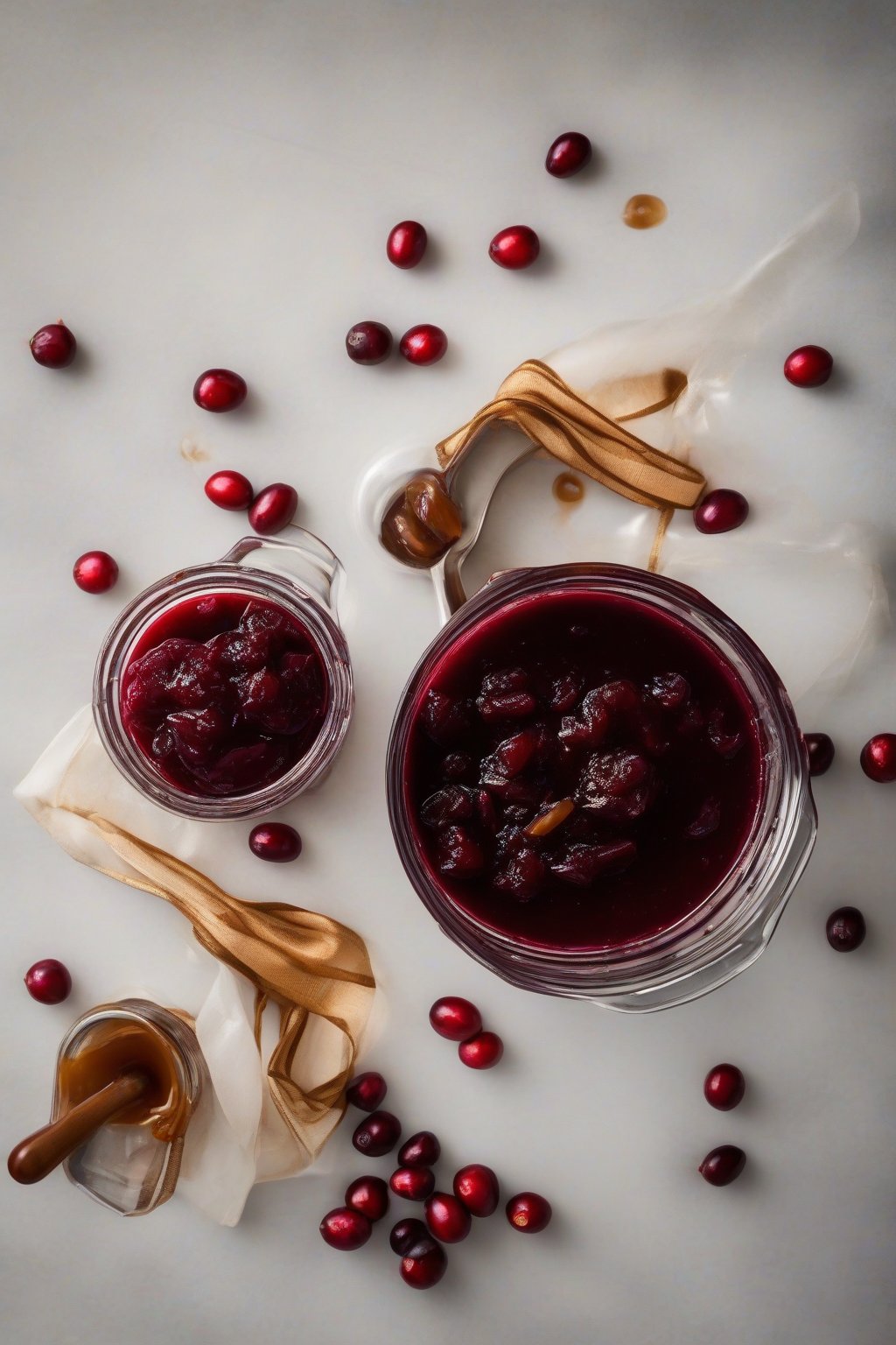 A high-resolution photo of bourbon-infused cranberry sauce with a glossy sheen and subtle caramel notes, in a glass dish, under soft lighting.