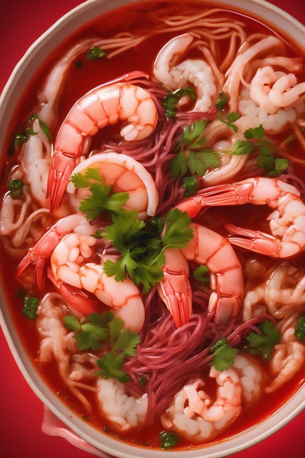 A high-resolution photo of seafood Buldak ramen featuring pink shrimp and squid in vibrant red broth, garnished with cilantro, under soft lighting.