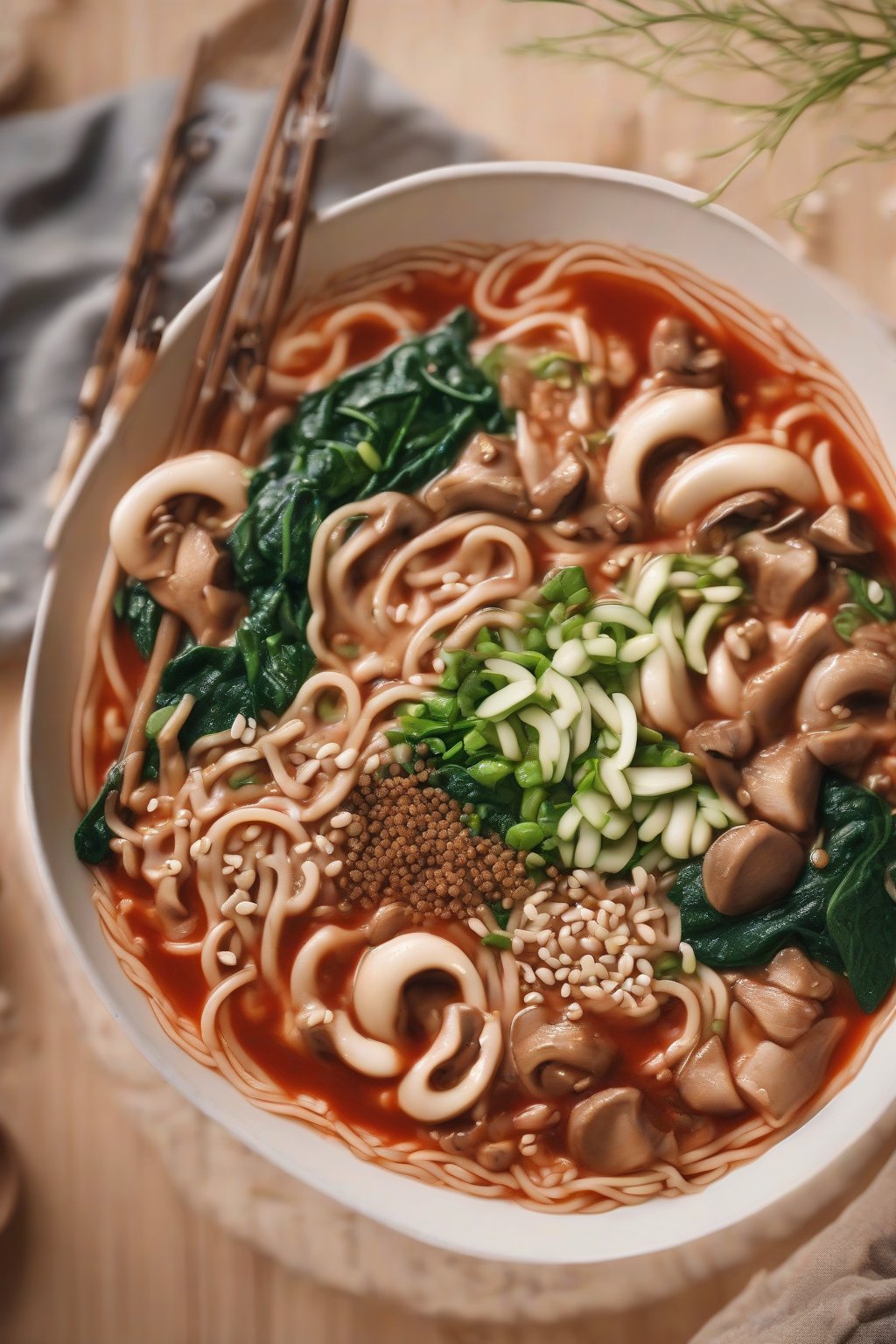 A high-resolution photo of vegan Buldak ramen with mushrooms and spinach in creamy red sauce, sesame seeds scattered, under soft lighting.