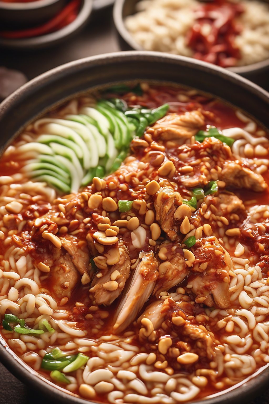 A high-resolution photo of chicken Buldak ramen with tender chunks in spicy red sauce, peanuts sprinkled, under soft lighting.