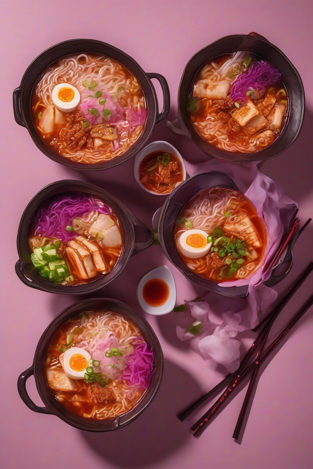 A high-resolution photo of kimchi Buldak ramen with pink tofu and fermented cabbage in fiery broth, under soft lighting.