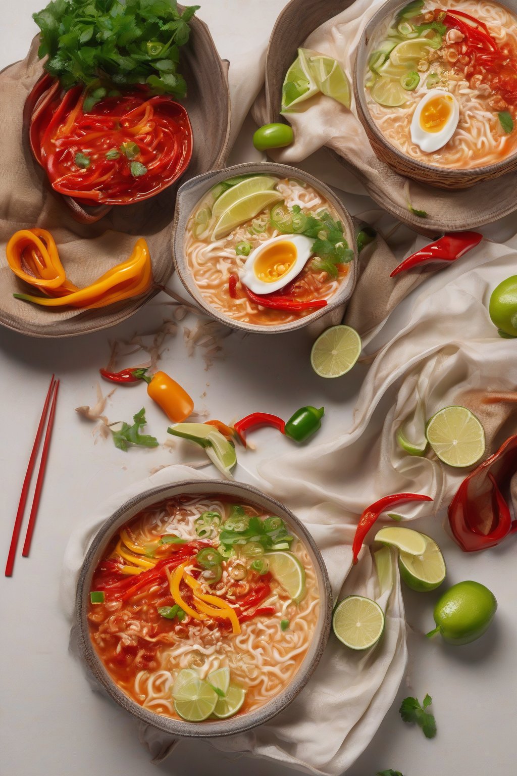 A high-resolution photo of creamy coconut Buldak ramen with bell peppers and lime wedges, red sauce swirled with white coconut, under soft lighting.