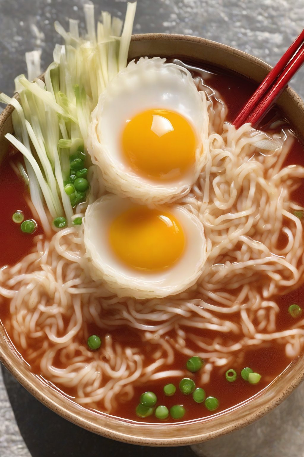 A high-resolution photo of egg drop Buldak ramen with golden egg ribbons in red broth, green onions floating, under soft lighting.