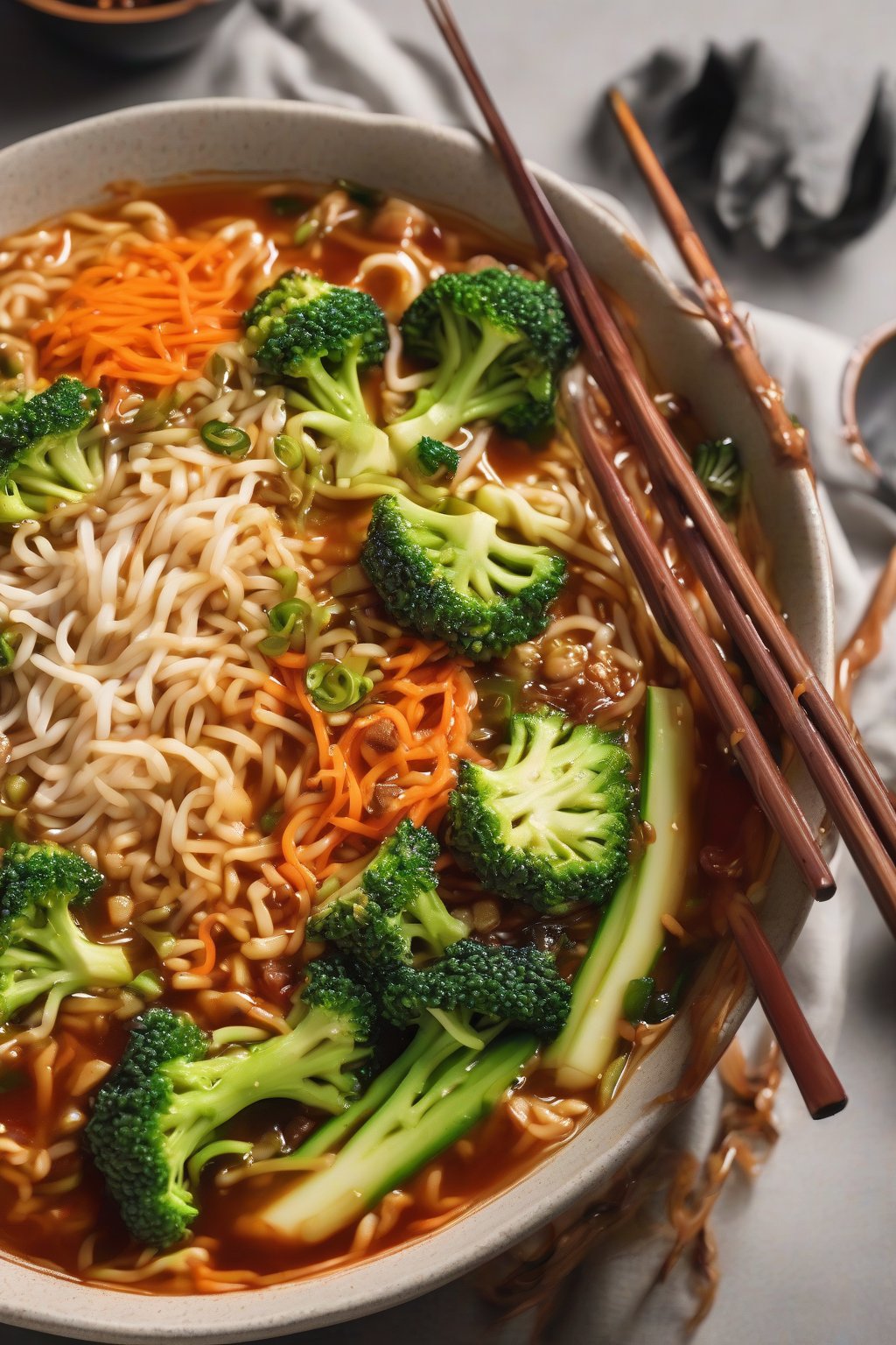 A high-resolution photo of veggie-packed Buldak ramen overflowing with broccoli, carrots, and zucchini in spicy sauce, under soft lighting.