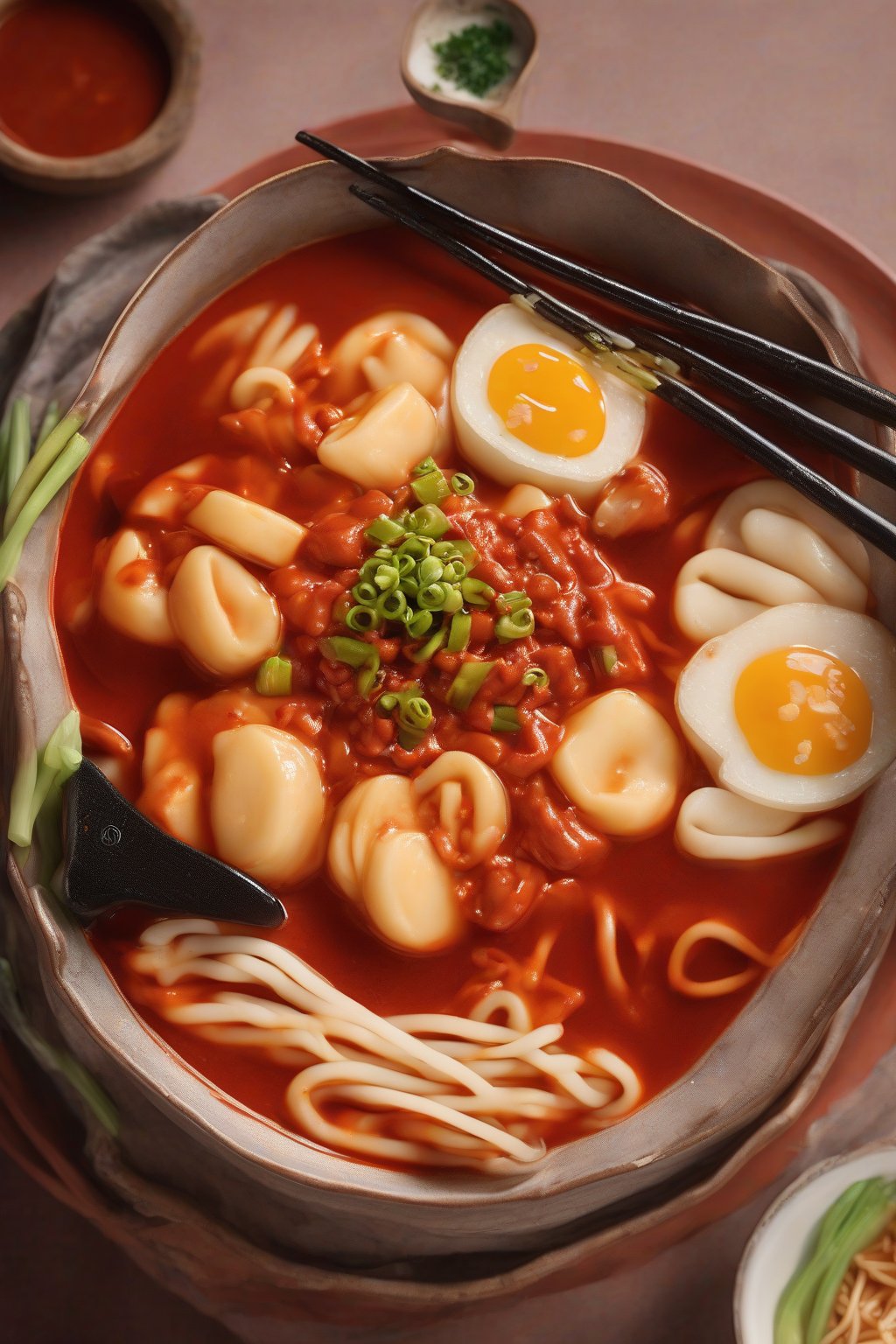 A high-resolution photo of tteokbokki Buldak ramen with cylindrical rice cakes in thick red sauce, under soft lighting.