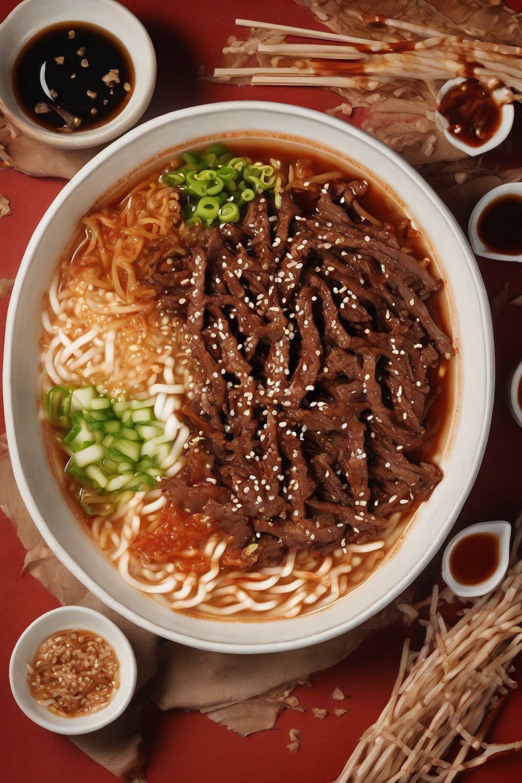 A high-resolution photo of bulgogi Buldak ramen with caramelized beef strips in fiery sauce, sesame garnish, under soft lighting.