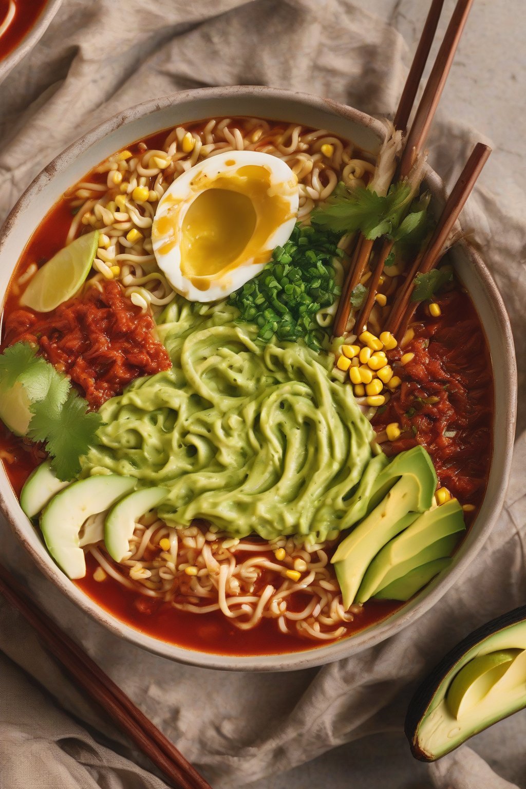 A high-resolution photo of avocado Buldak ramen with green mash swirled into red sauce and corn, lime slice, under soft lighting.
