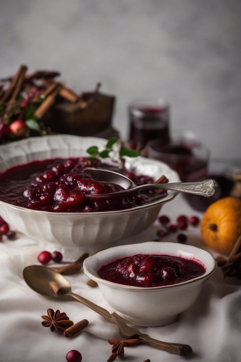 A high-resolution photo of port wine cranberry sauce, deep red and glossy with clove specks, in an elegant bowl, under soft lighting.