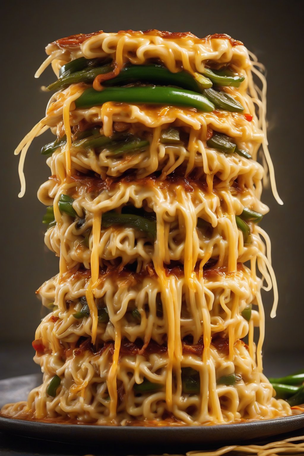 A high-resolution photo of triple cheese Buldak ramen stacked high with melted layers and jalapeños, under soft lighting.