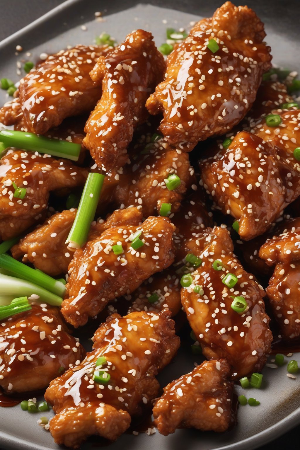 A high-resolution photo of golden crispy chicken pieces glazed in shiny sesame sauce, garnished with sesame seeds and green onions, under soft lighting.