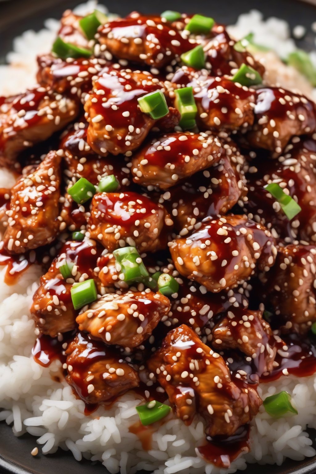 A high-resolution photo of vibrant red-glazed spicy sesame chicken over steamed rice, drizzled with extra sauce, under soft lighting.