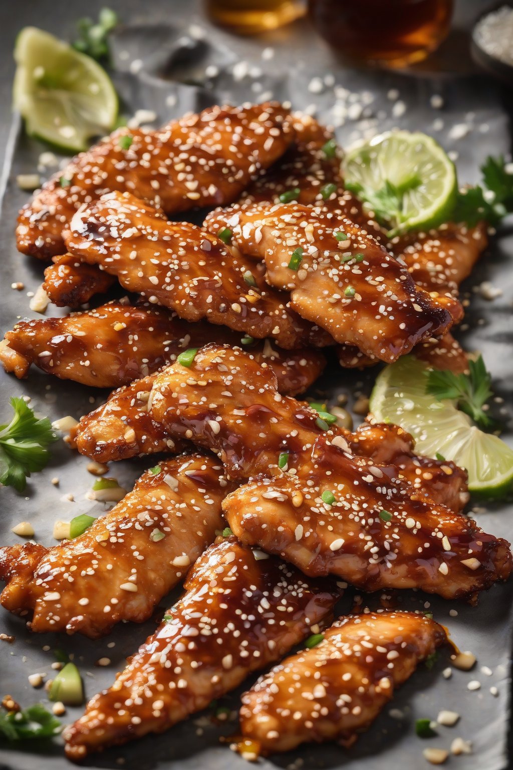 A high-resolution photo of chicken tenders shining with honey-garlic sesame glaze, sprinkled with sesame seeds, under soft lighting.