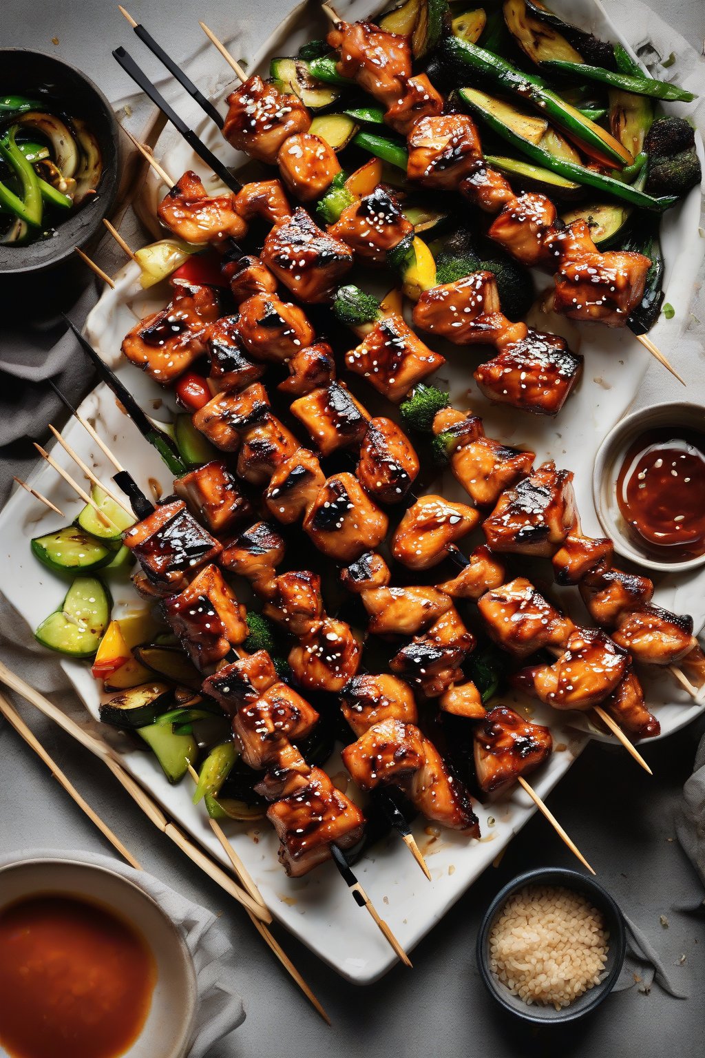 A high-resolution photo of teriyaki-glossed sesame chicken skewers with charred edges, alongside grilled veggies, under soft lighting.