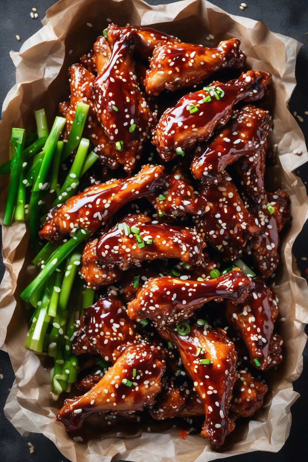 A high-resolution photo of glossy gochujang-sesame chicken wings piled high, with sesame seeds and scallions, under soft lighting.