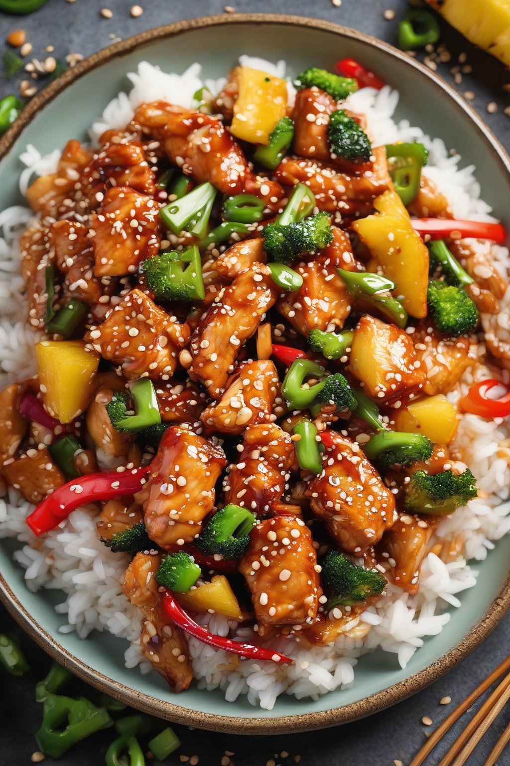 A high-resolution photo of pineapple-studded sticky sesame chicken stir-fry with vibrant colors, under soft lighting.
