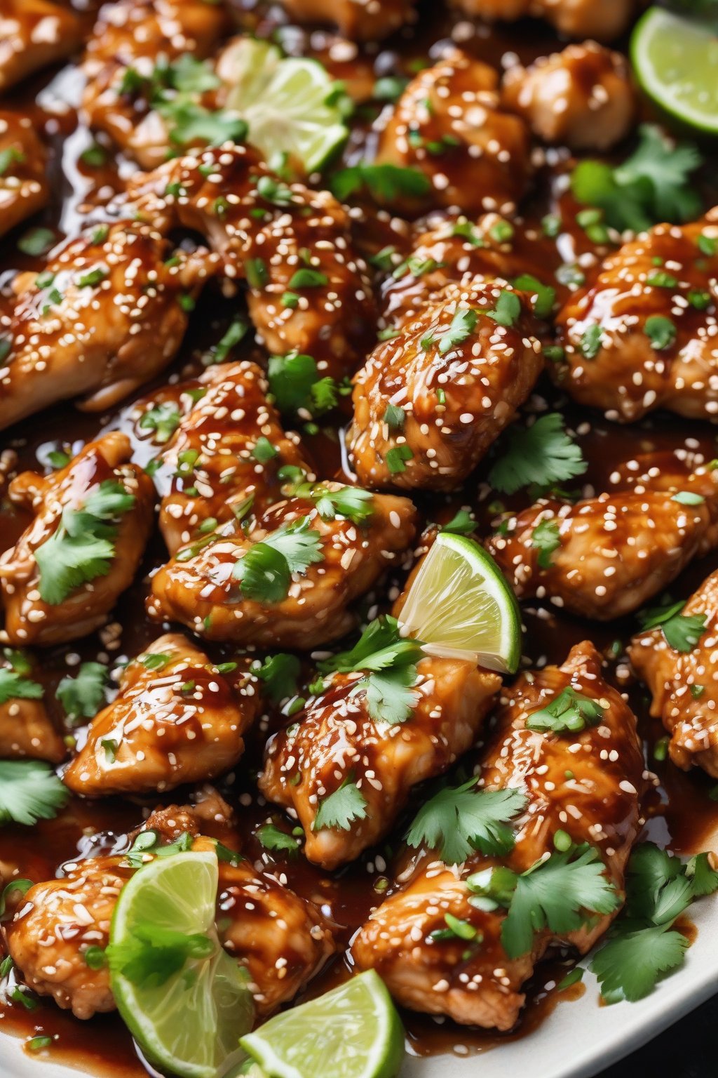 A high-resolution photo of lime-zested sesame chicken glistening with sauce, garnished with cilantro, under soft lighting.
