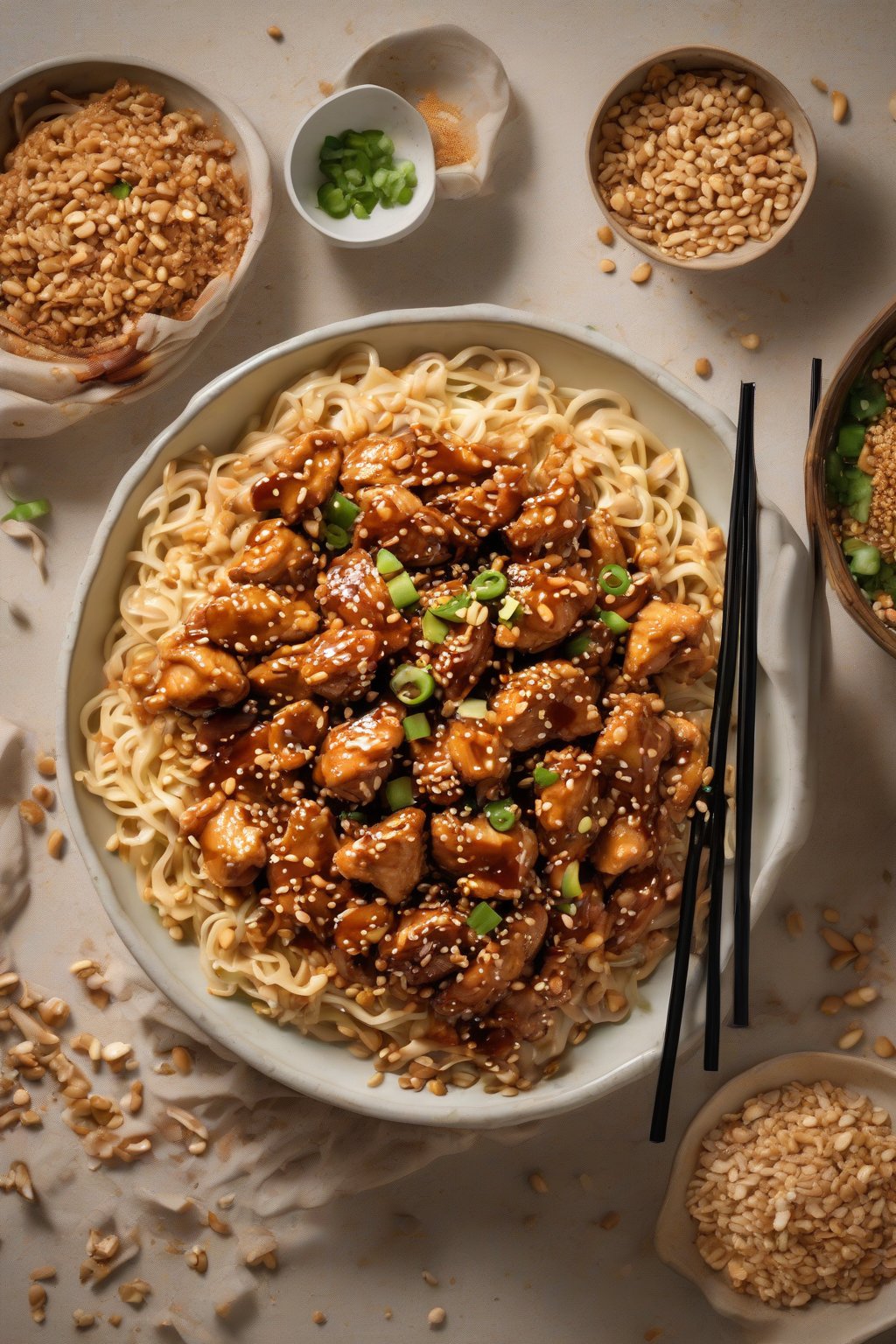 A high-resolution photo of peanut-sauced sticky sesame chicken over noodles, with crushed peanuts on top, under soft lighting.