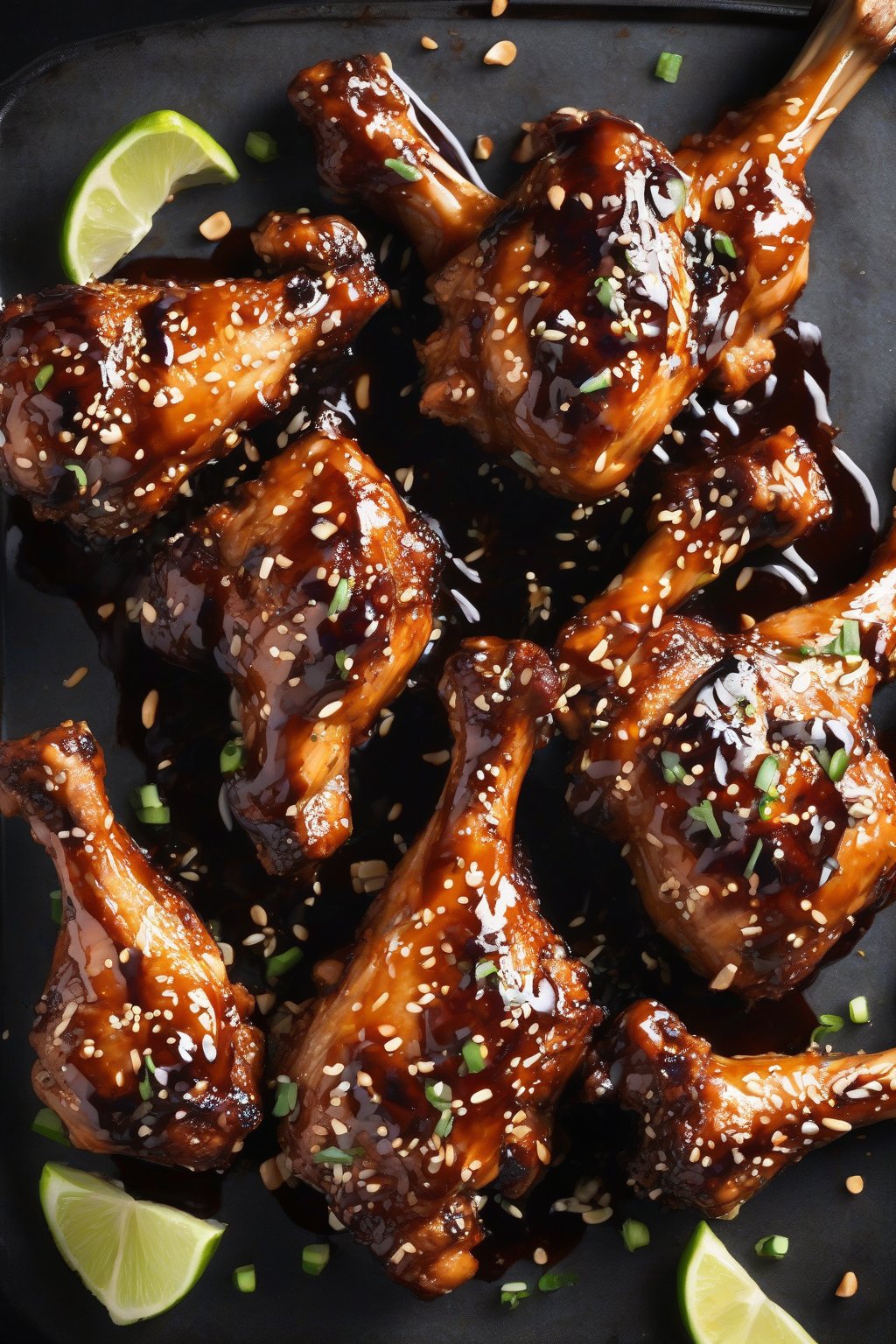 A high-resolution photo of hoisin-glazed sesame chicken drumsticks with charred bits, under soft lighting.