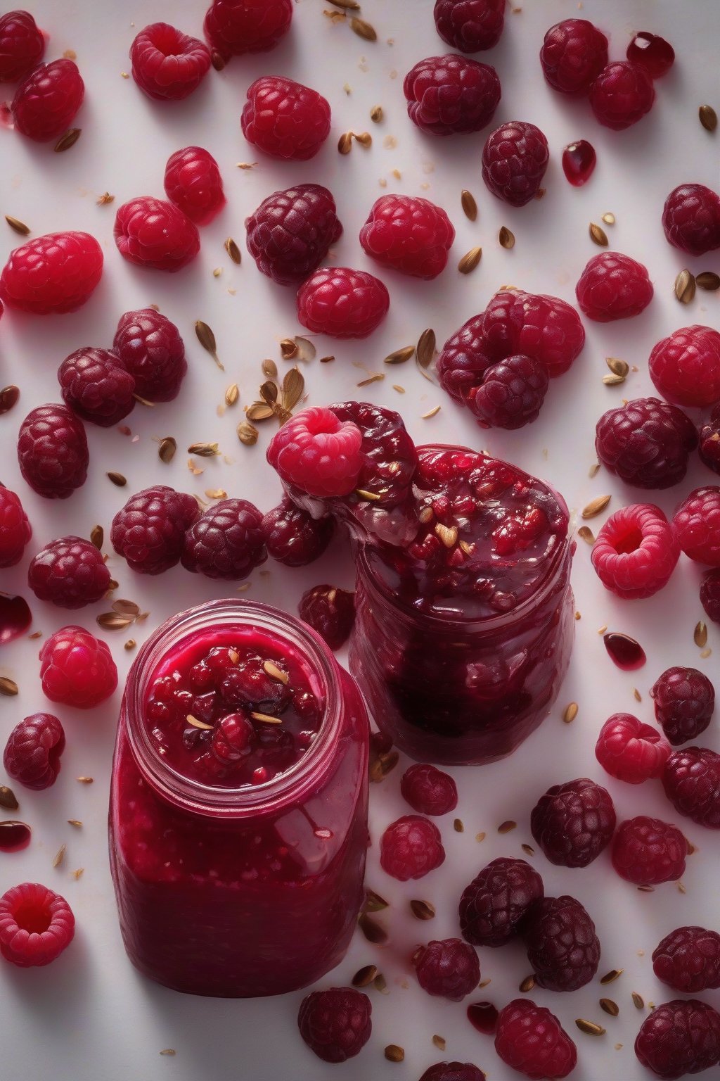 A high-resolution photo of raspberry-cranberry sauce with mingled red berries and seeds, in a clear glass, under soft lighting.