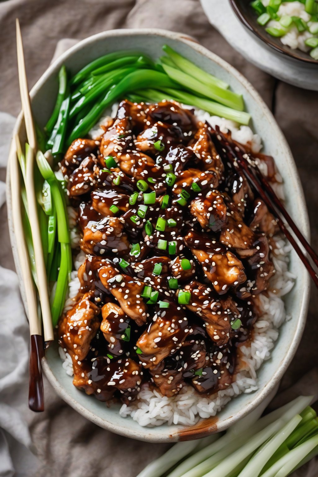 A high-resolution photo of black bean sesame chicken with glossy sauce and green onions, under soft lighting.