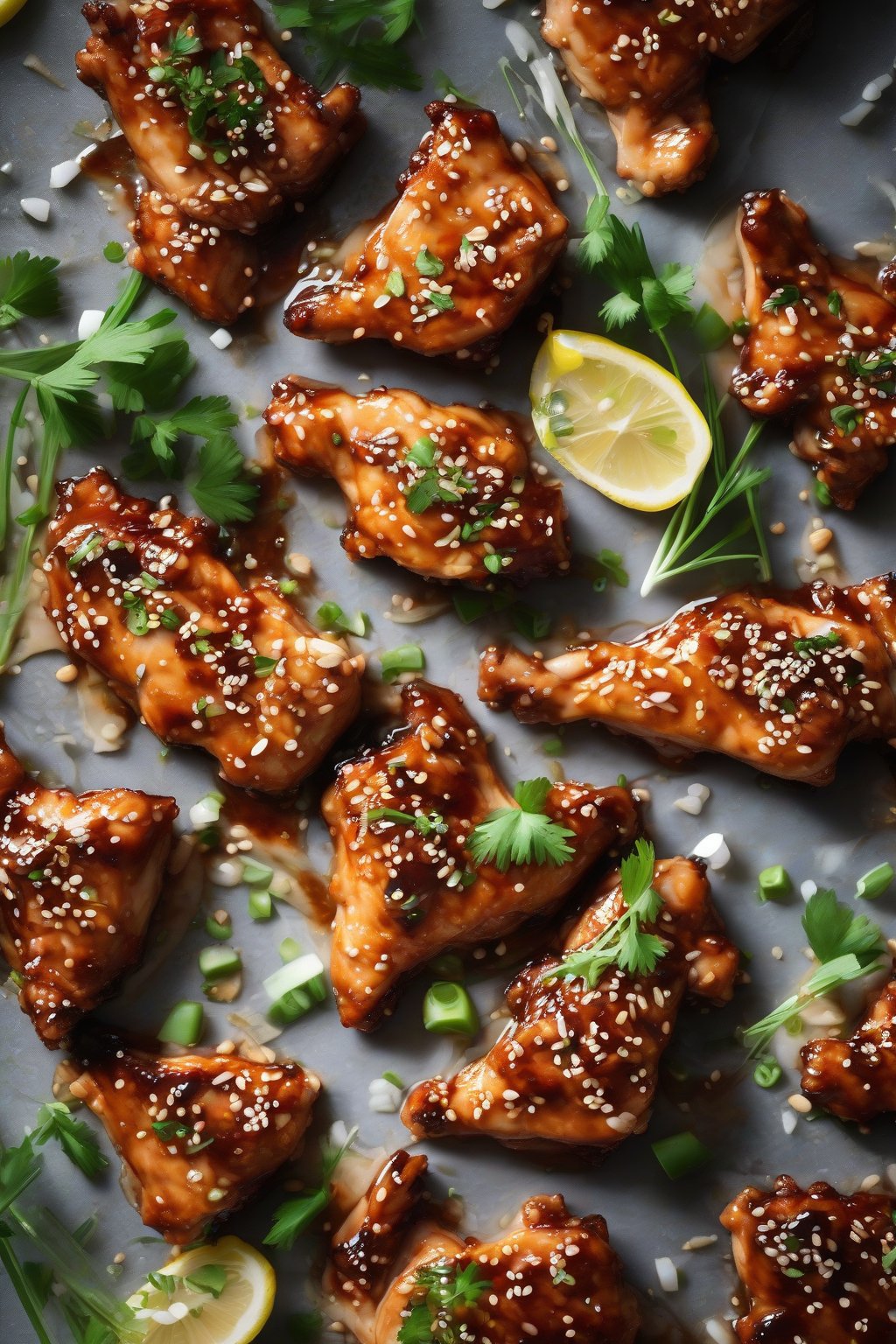 A high-resolution photo of lemongrass-infused sticky sesame chicken slices, fresh herbs scattered around, under soft lighting.