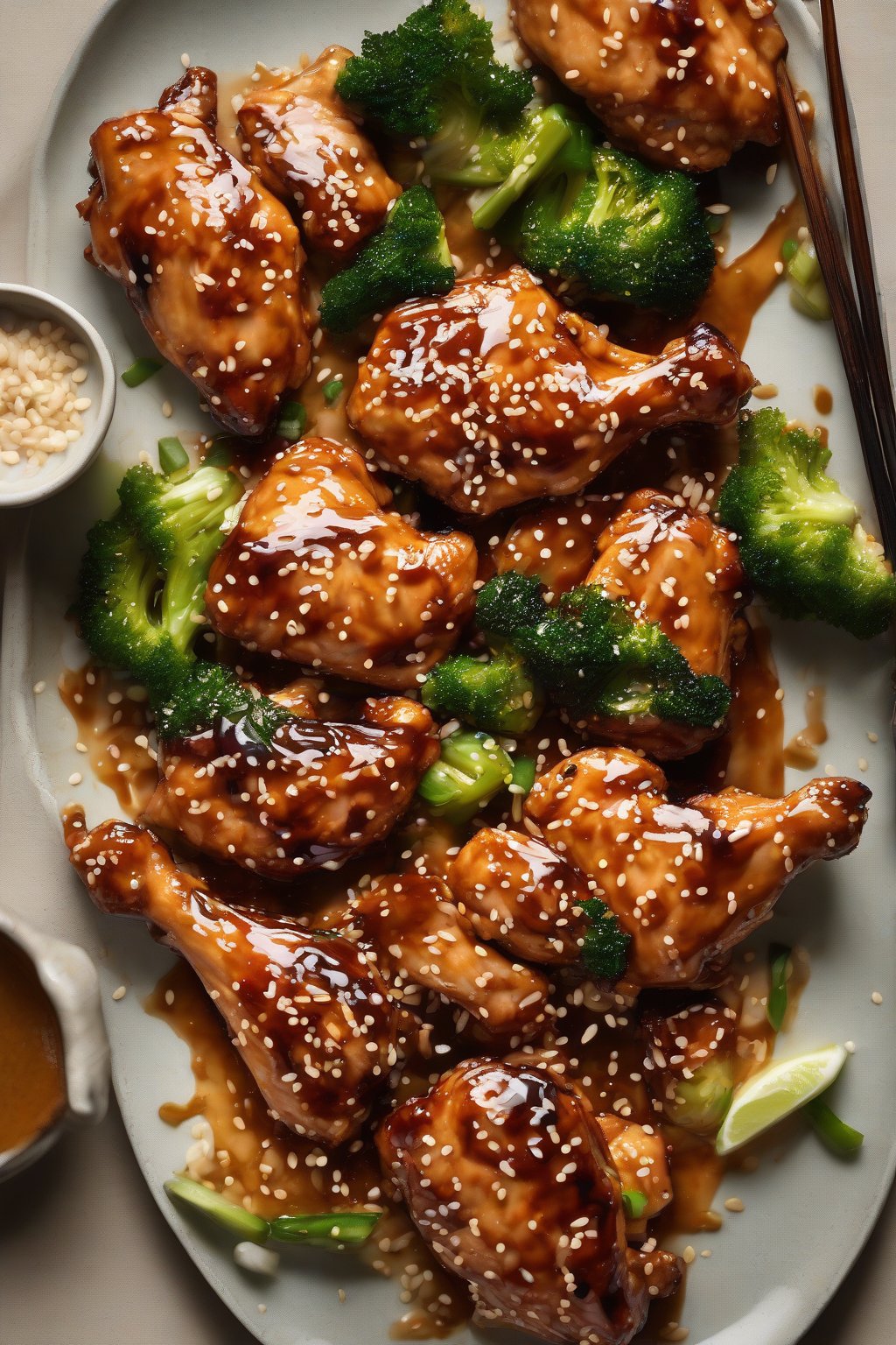 A high-resolution photo of miso-glazed sesame chicken with a creamy shine, under soft lighting.