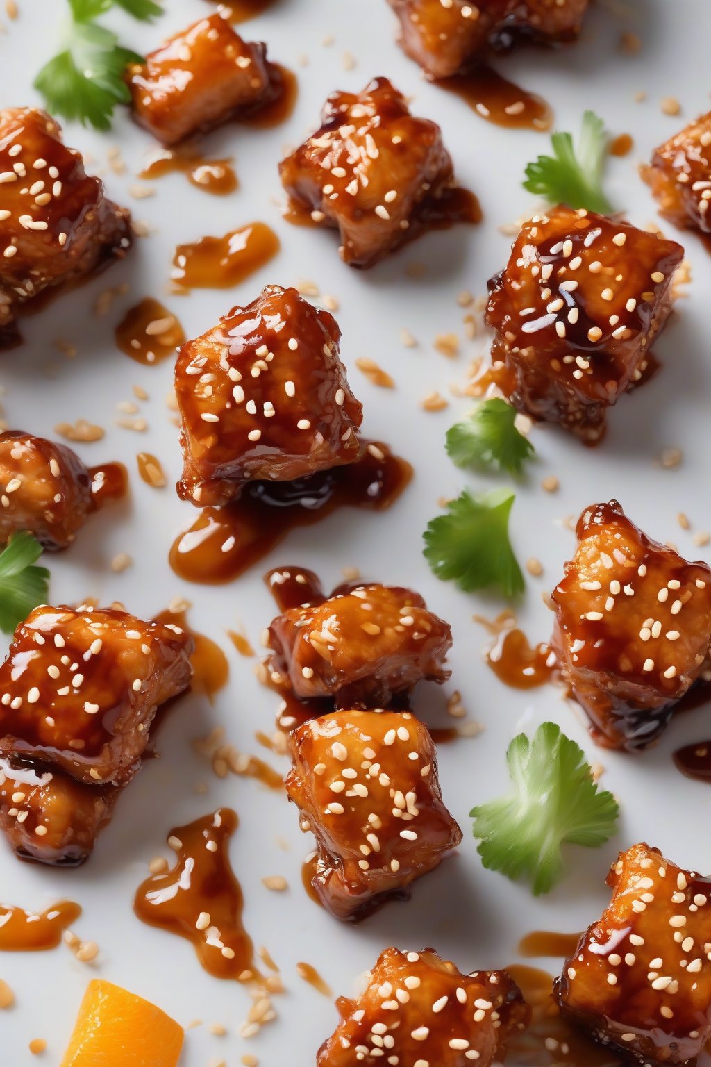 A high-resolution photo of orange-glazed sticky sesame chicken bites, vibrant and glossy, under soft lighting.
