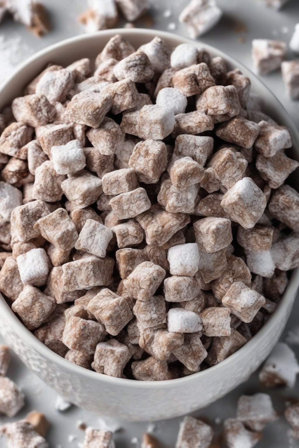A high-resolution photo of classic chocolate peanut butter Muddy Buddies piled in a white bowl, dusted with powdered sugar, under soft lighting.