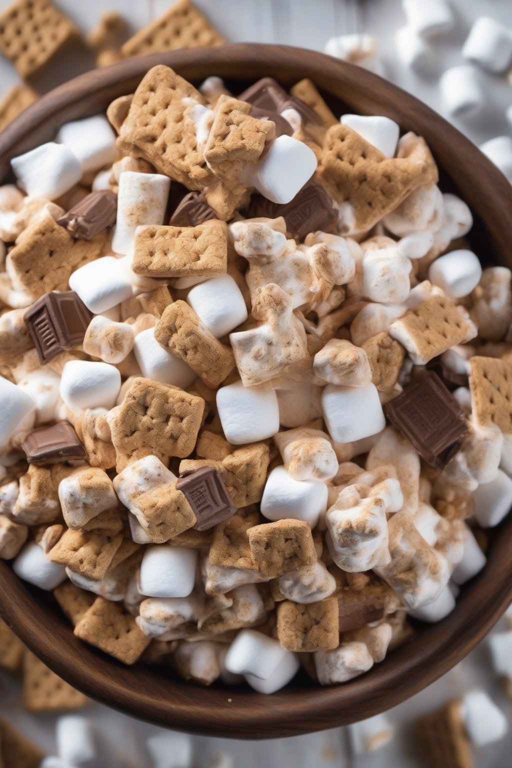 A high-resolution photo of s'mores Muddy Buddies with graham cracker bits and mini marshmallows scattered on top, in a rustic wooden bowl, under soft lighting.