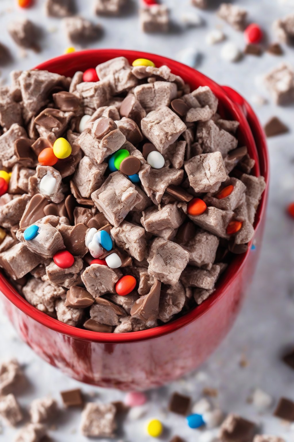 A high-resolution photo of peanut butter cup Muddy Buddies with chopped candy pieces throughout, overflowing from a red mug, under soft lighting.