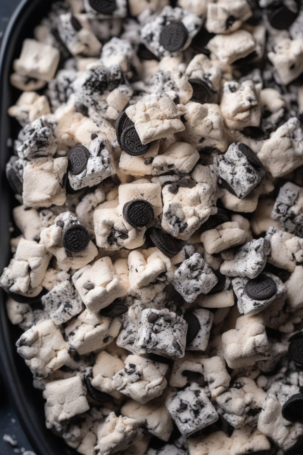 A high-resolution photo of cookies and cream Muddy Buddies with Oreo crumbs dusting the top, served in a black tray, under soft lighting.