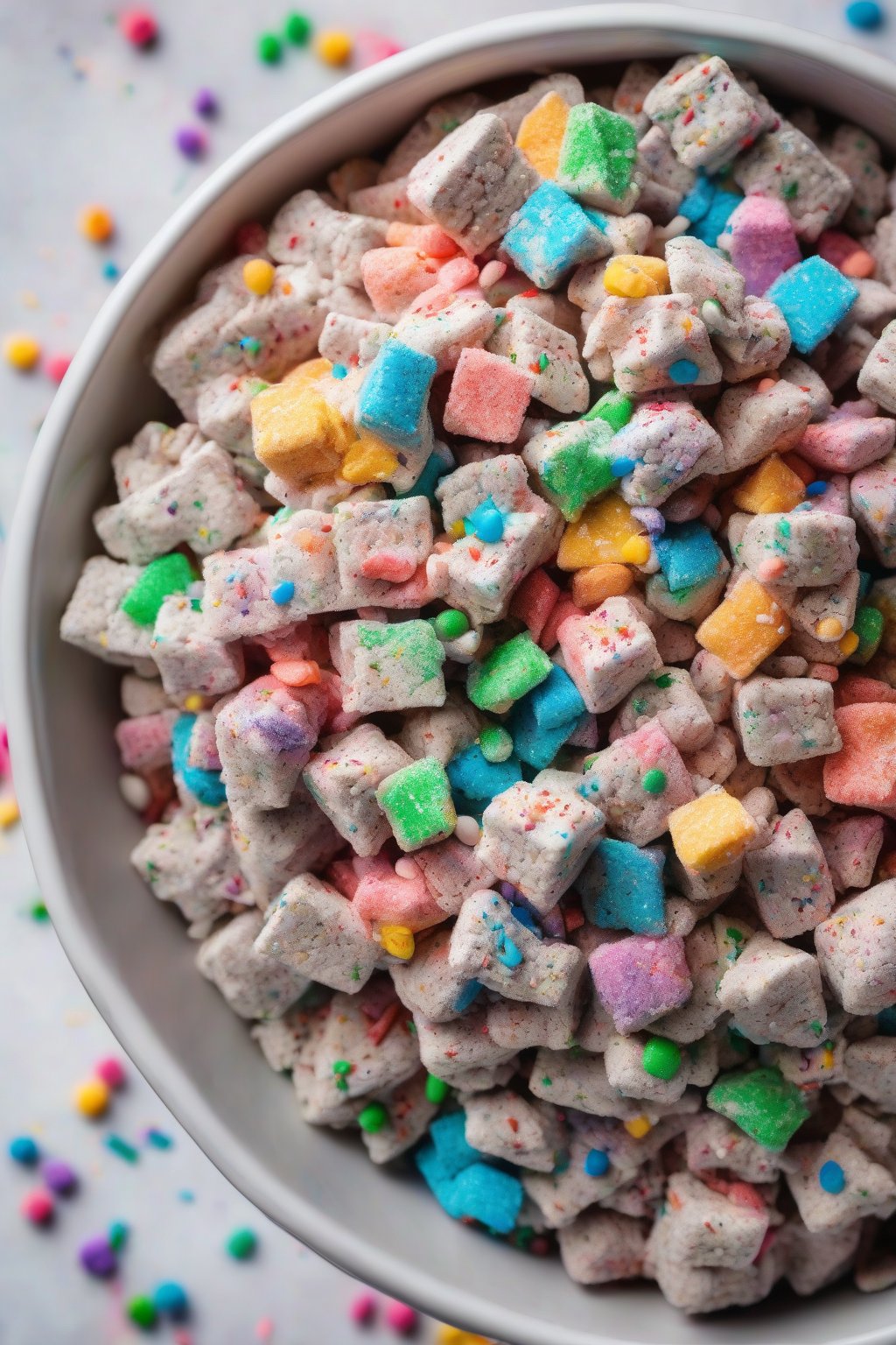 A high-resolution photo of birthday cake Muddy Buddies bursting with rainbow sprinkles, in a festive party bowl, under soft lighting.