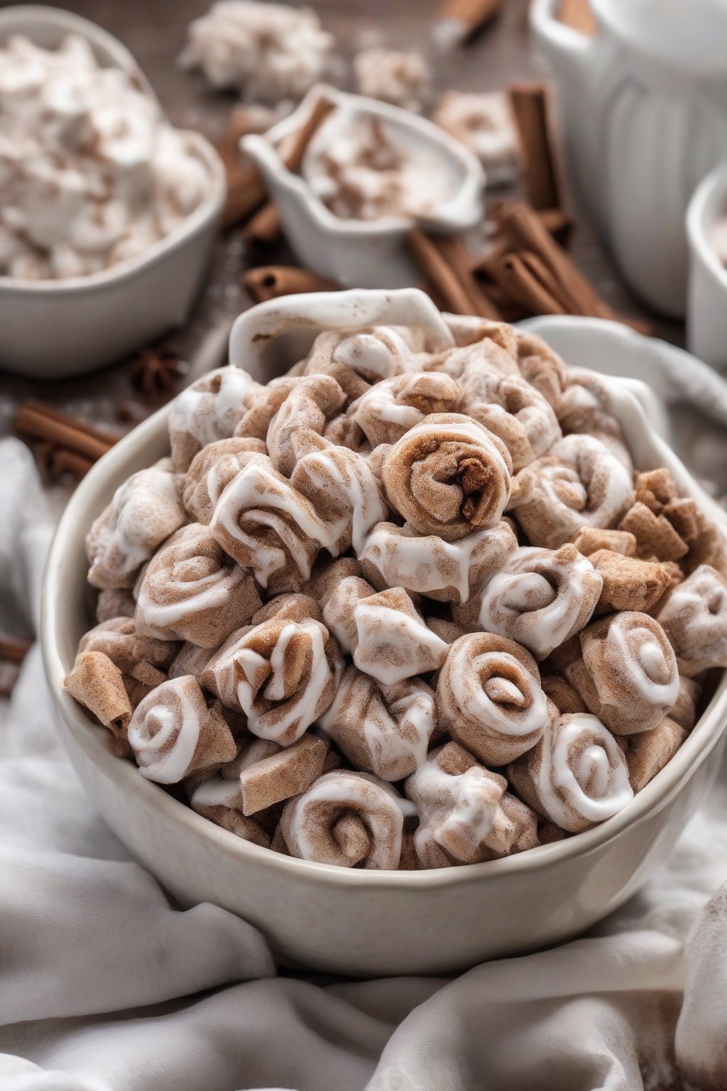 A high-resolution photo of cinnamon roll Muddy Buddies swirled with cinnamon sugar, in a warm ceramic dish, under soft lighting.