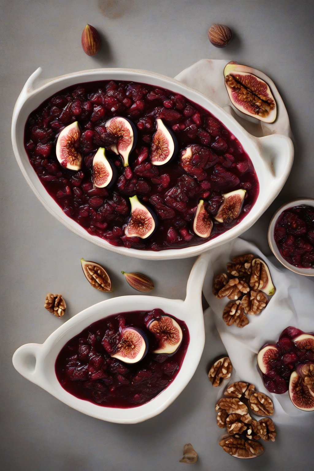 A high-resolution photo of fig and walnut cranberry sauce topped with walnut pieces and fig slices, in a ceramic dish, under soft lighting.