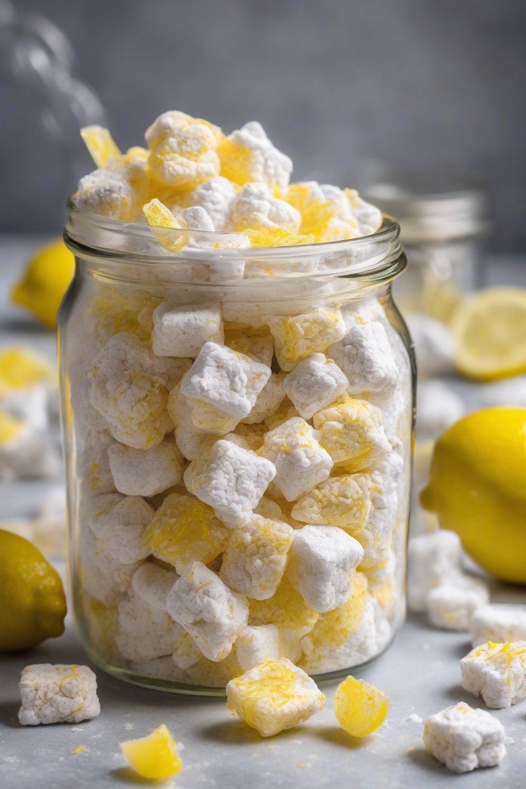 A high-resolution photo of lemon bliss Muddy Buddies garnished with yellow zest, in a glass jar, under soft lighting.
