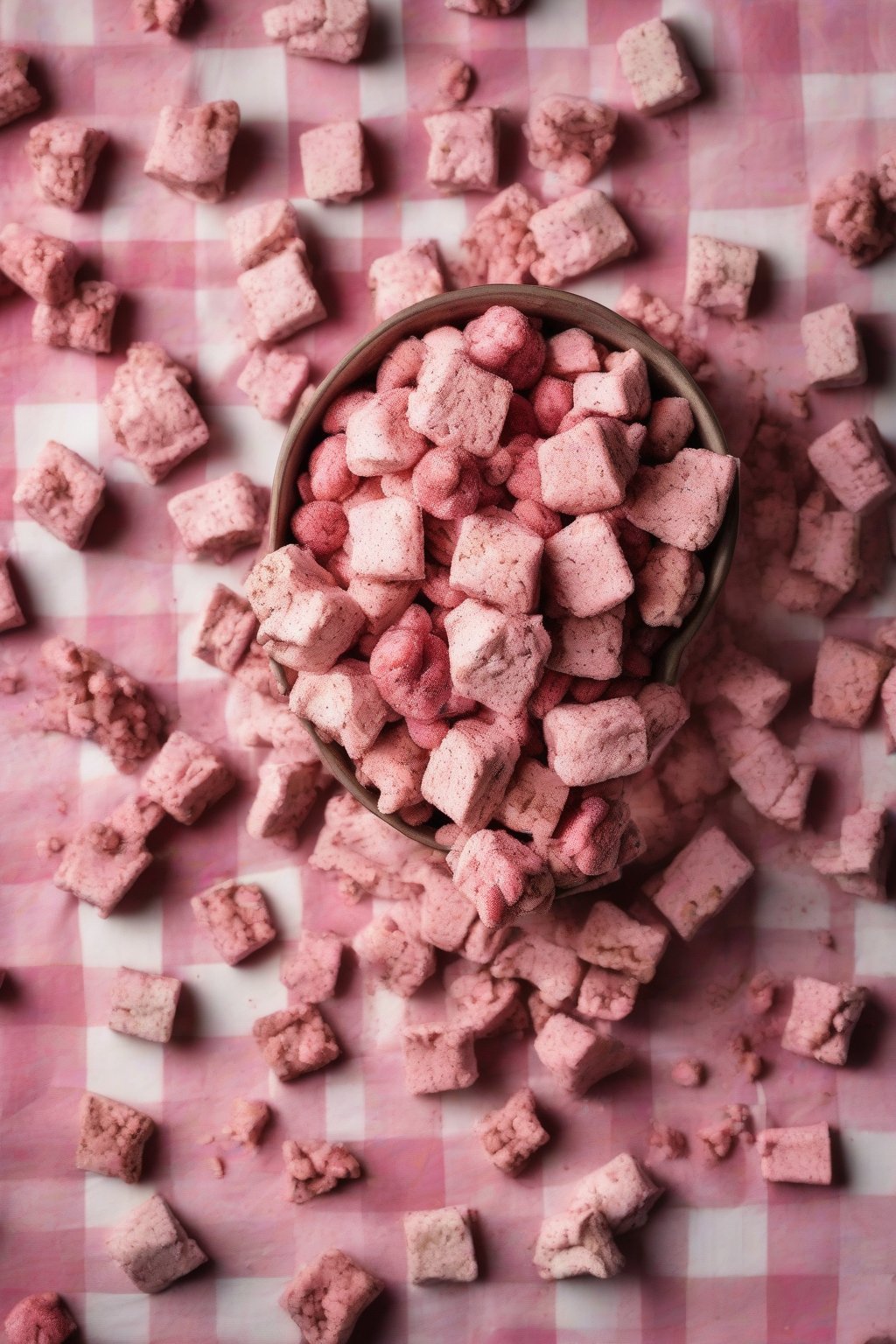 A high-resolution photo of strawberry shortcake Muddy Buddies with pink hues and cookie crumbs, on a checkered cloth, under soft lighting.