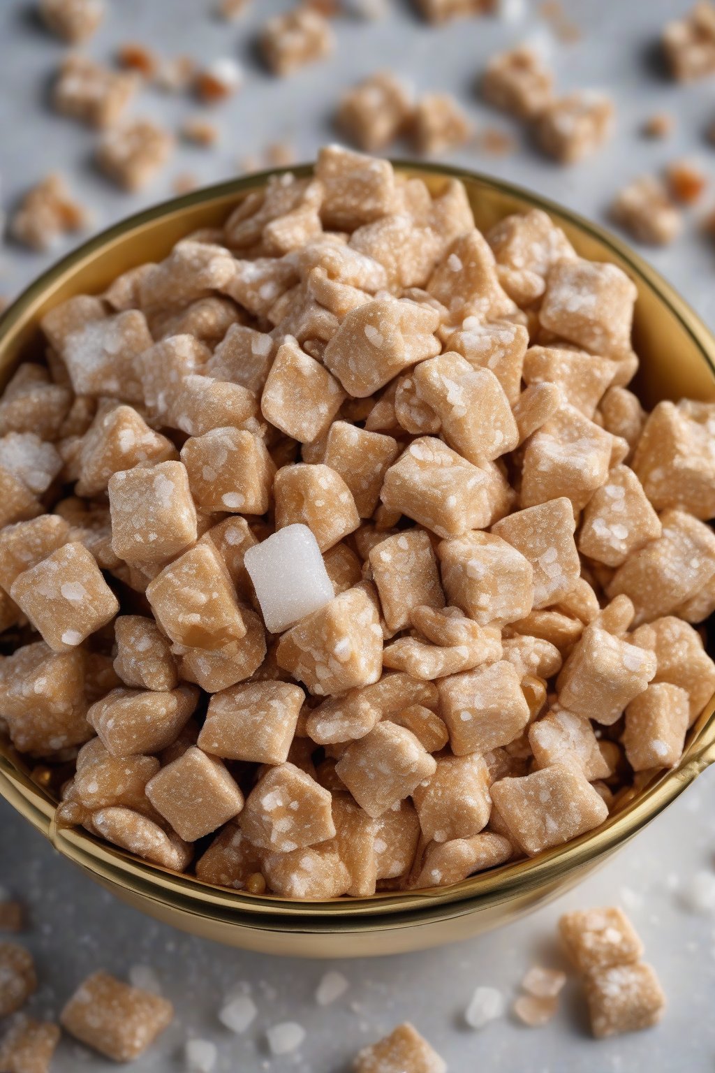 A high-resolution photo of salted caramel Muddy Buddies sprinkled with sea salt, in a gold bowl, under soft lighting.