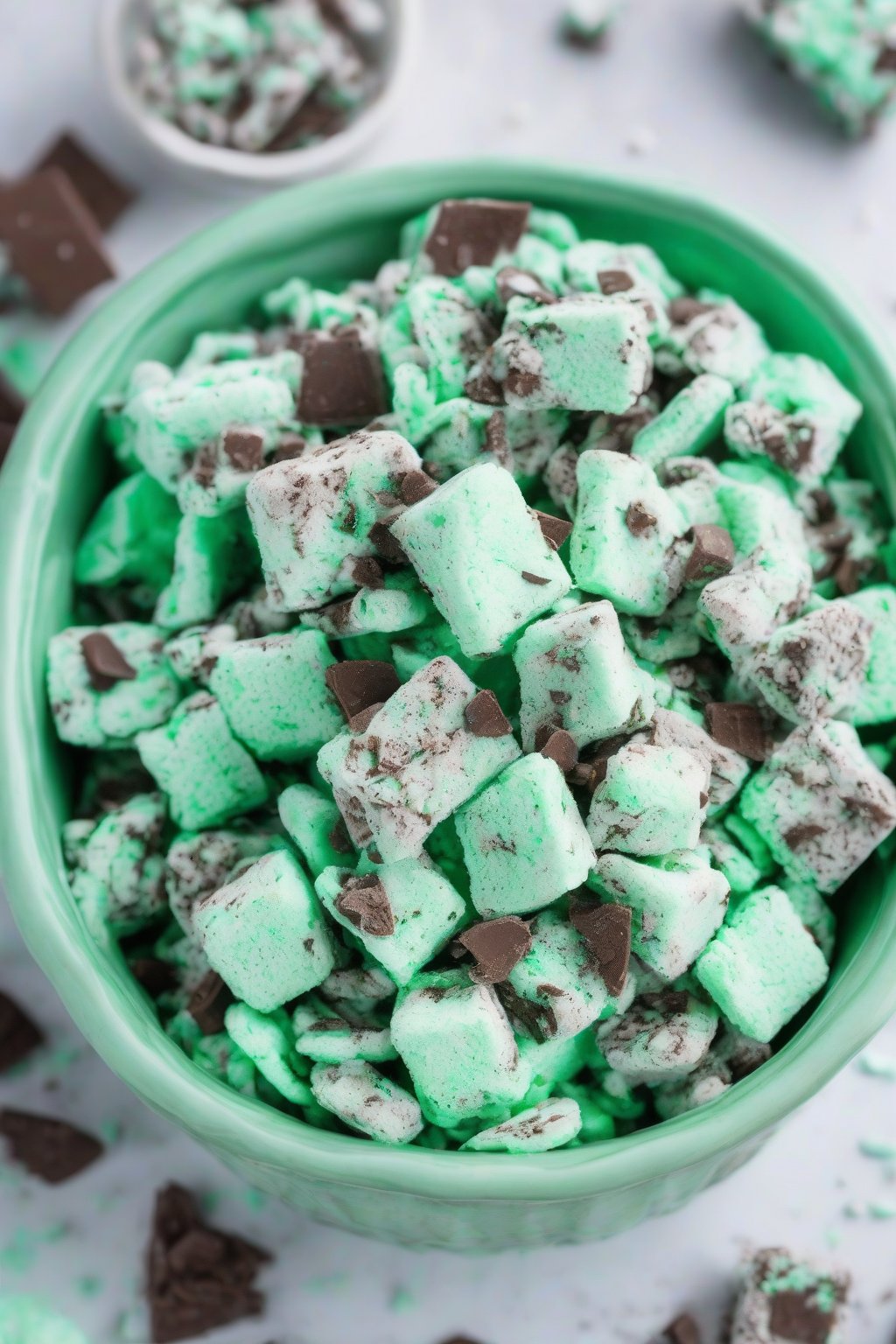 A high-resolution photo of mint chocolate Muddy Buddies with green flecks and shavings, in a mint-green dish, under soft lighting.
