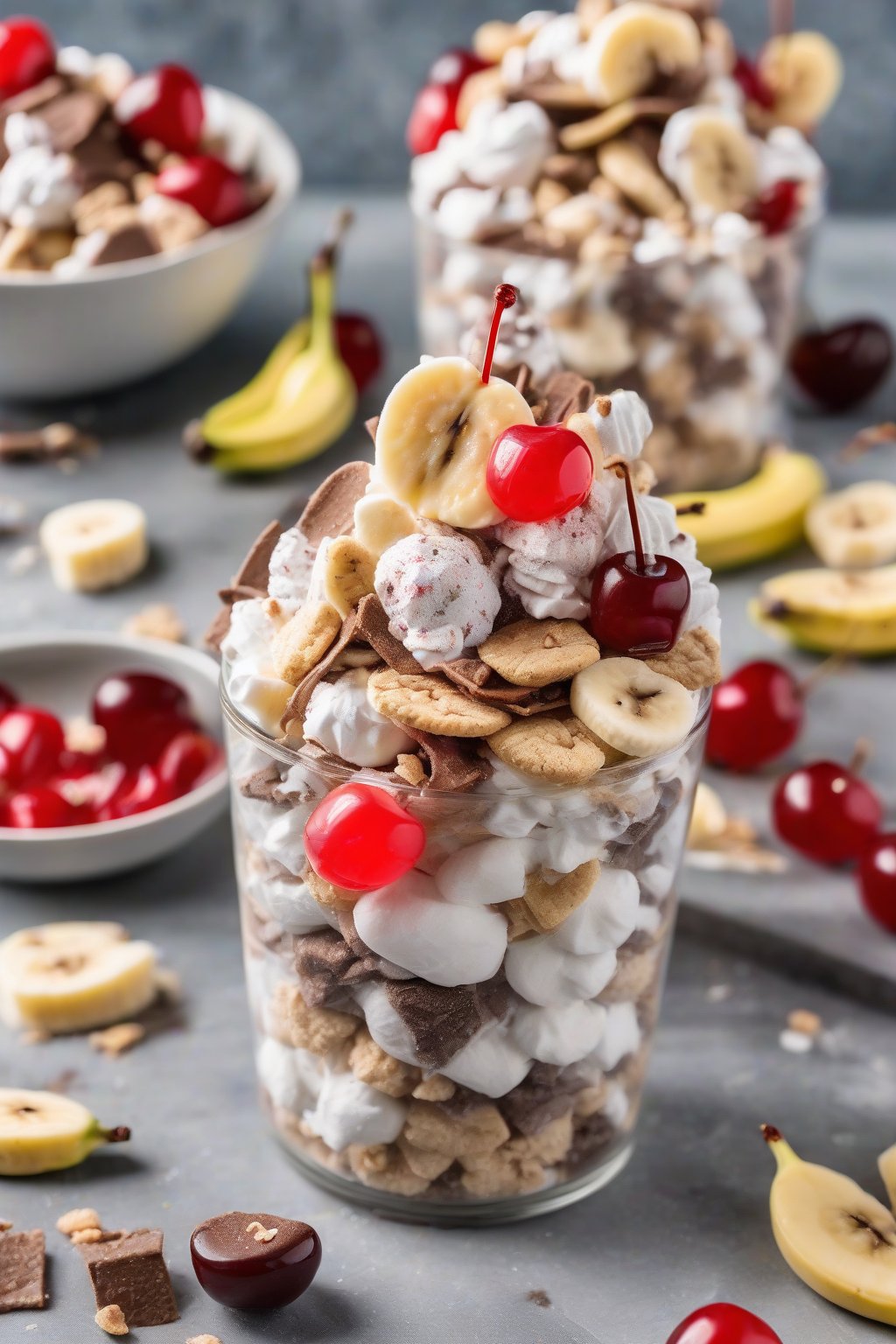 A high-resolution photo of banana split Muddy Buddies topped with banana chips and maraschino cherries, sundae-style, under soft lighting.