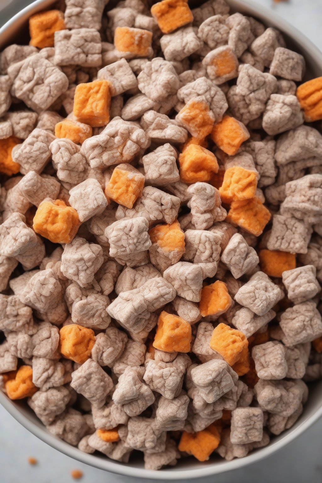 A high-resolution photo of pumpkin spice Muddy Buddies with orange tones, in a pumpkin-shaped bowl, under soft lighting.