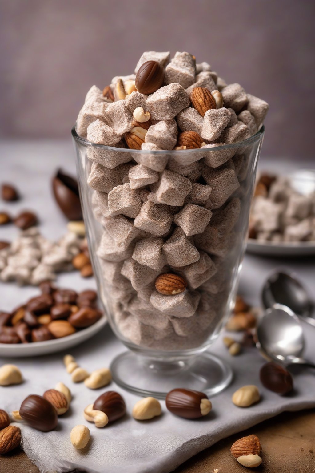 A high-resolution photo of Nutella hazelnut Muddy Buddies with roasted nuts, in an elegant glass, under soft lighting.