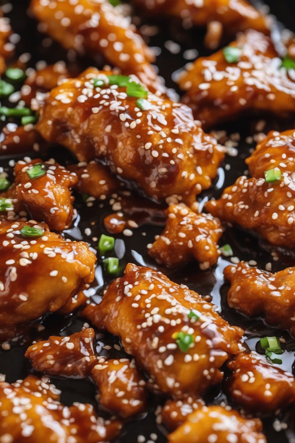 A close-up photo of golden crispy orange chicken pieces glistening with glossy sauce, sesame seeds sprinkled on top, under soft lighting.