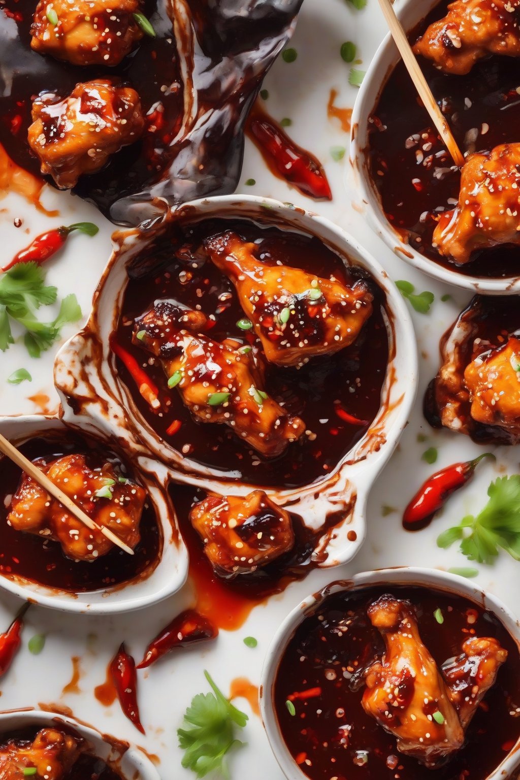 A close-up photo of spicy orange chicken with red chili flecks in glossy sauce over charred chicken bites, under soft lighting.