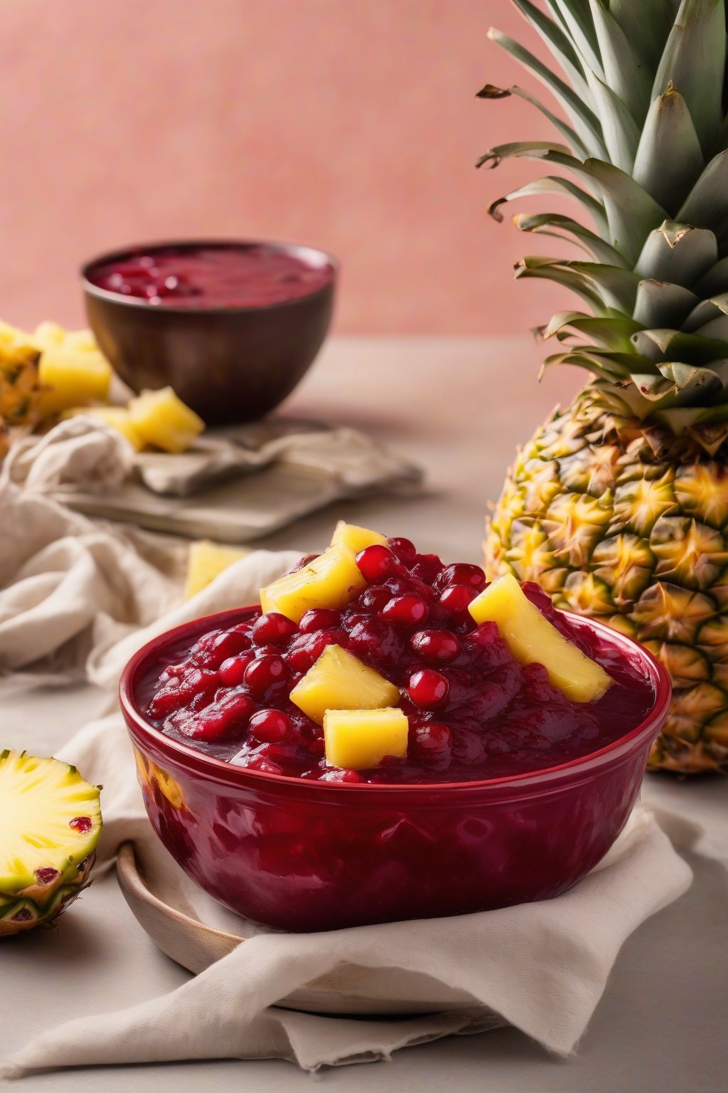 A high-resolution photo of pineapple-cranberry sauce with golden pineapple chunks amid red sauce, in a tropical bowl, under soft lighting.