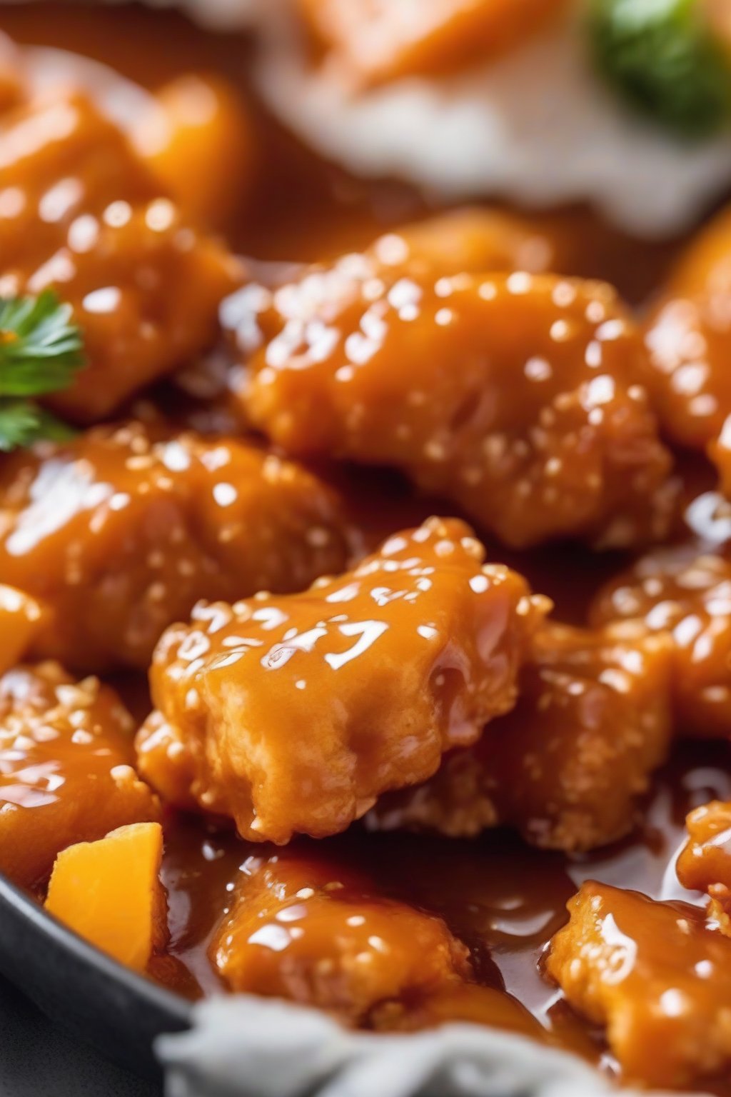 A close-up photo of baked orange chicken nuggets coated in shiny sauce, bite-sized and golden, under soft lighting.