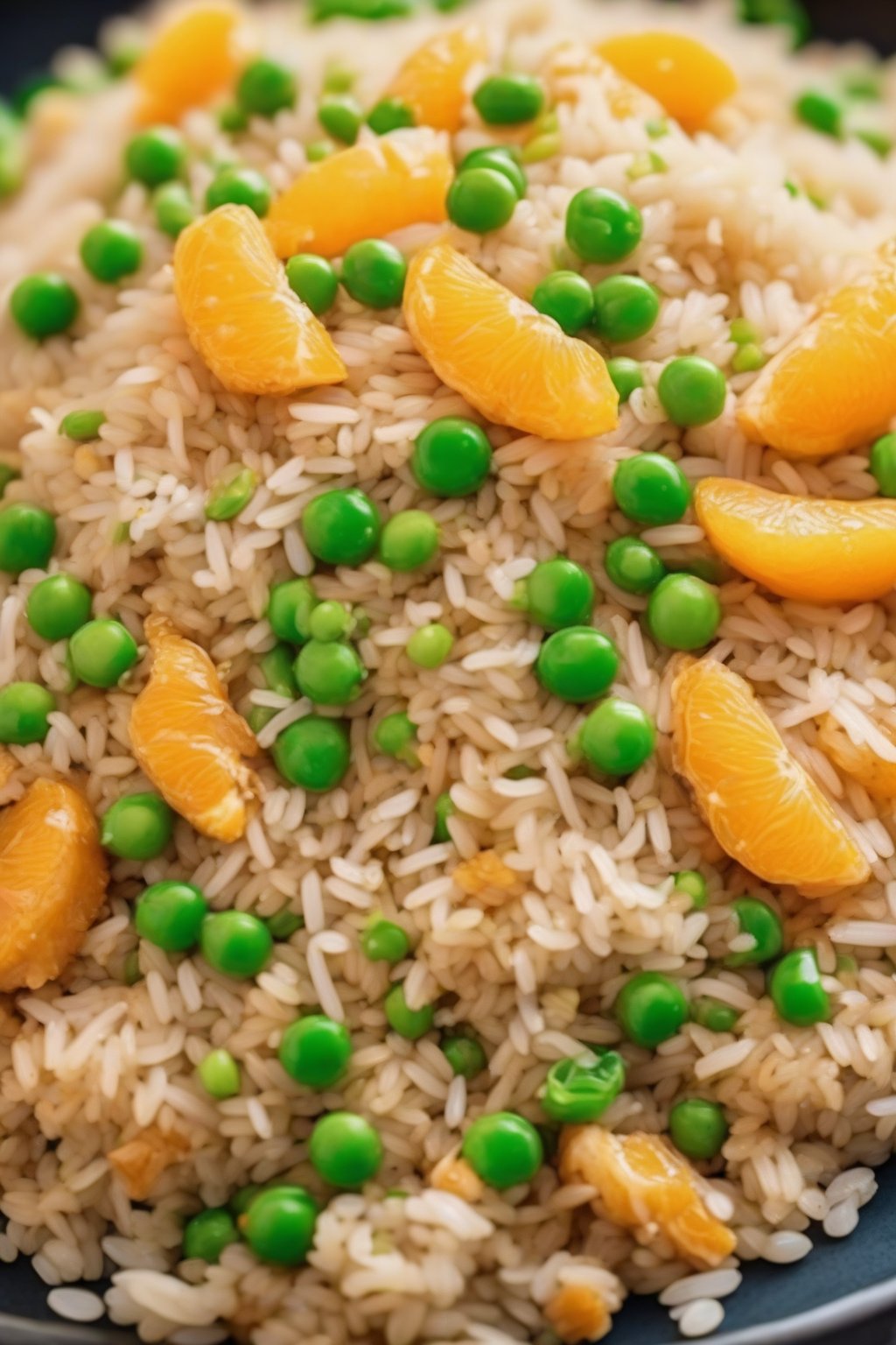 A close-up photo of orange chicken fried rice with vibrant orange segments and green peas mixed in fluffy rice, under soft lighting.
