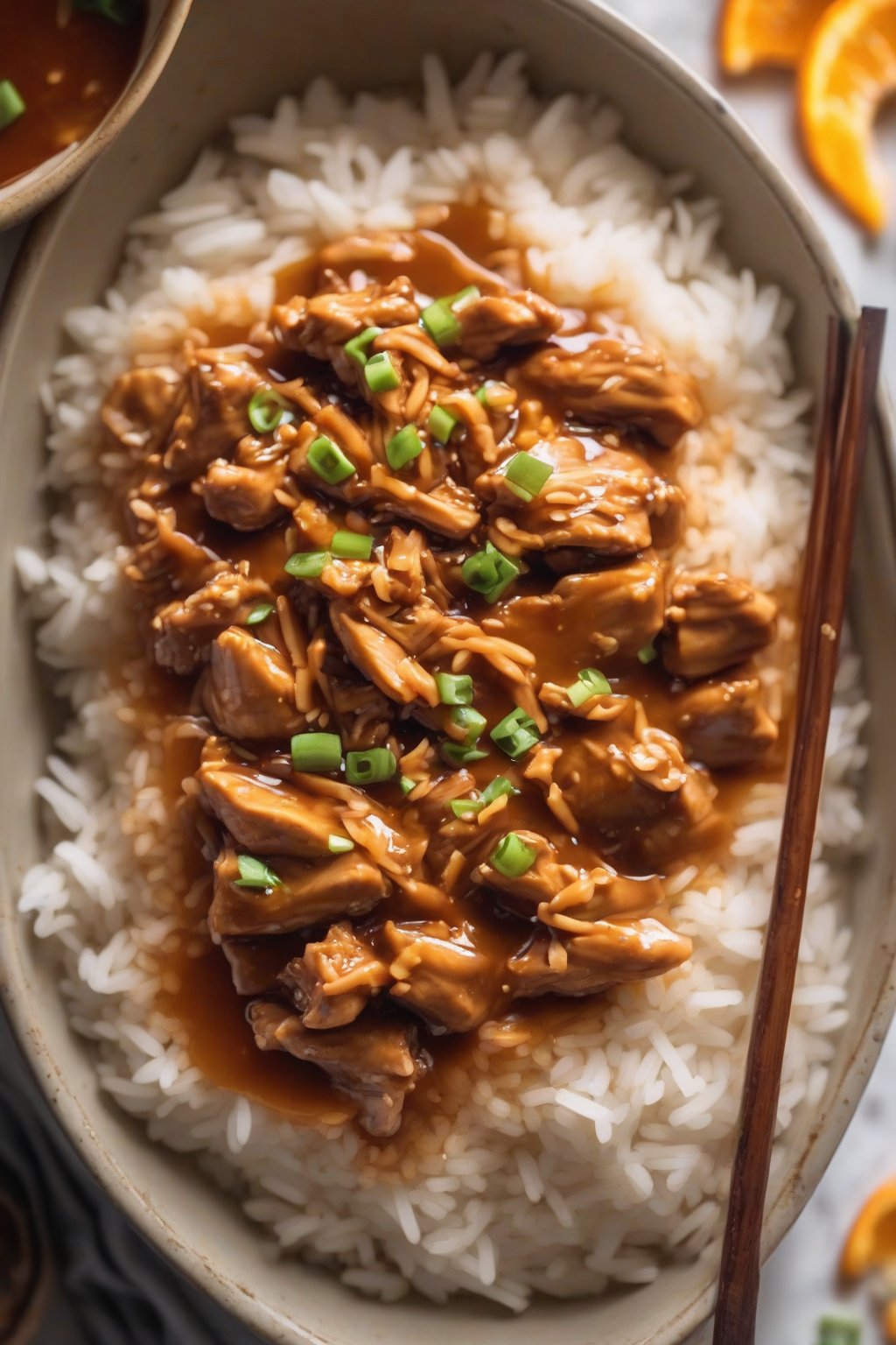 A close-up photo of shredded slow cooker orange chicken in thick sauce over rice, steam rising, under soft lighting.