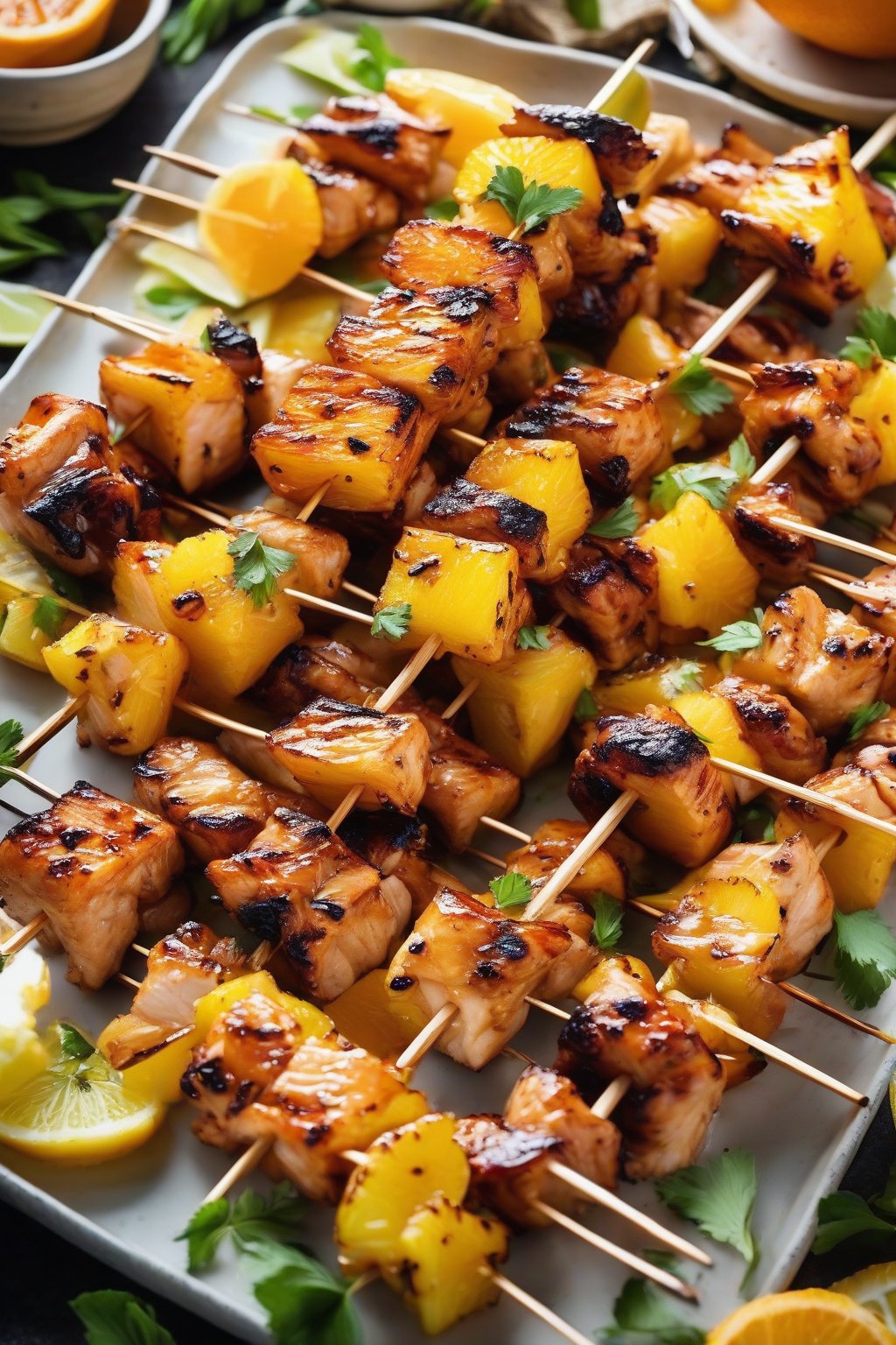 A close-up photo of grilled pineapple orange chicken skewers with caramelized edges and juicy fruit, under soft lighting.