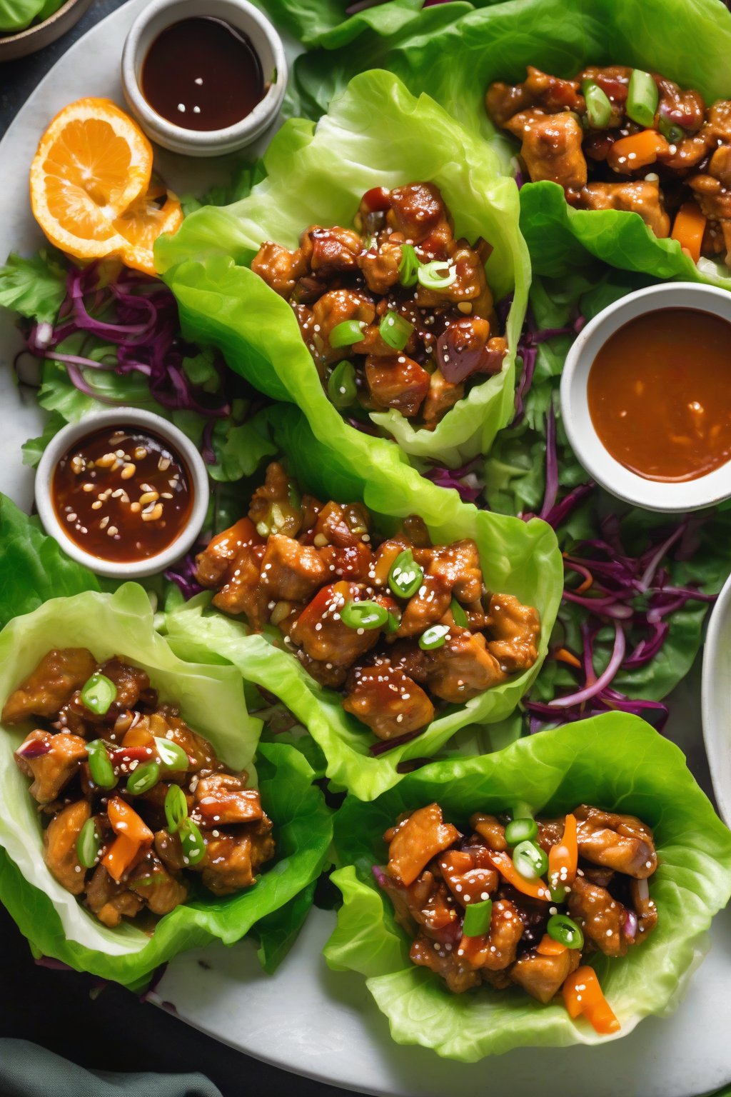 A close-up photo of orange chicken lettuce wraps filled with saucy meat and veggies, fresh and vibrant, under soft lighting.
